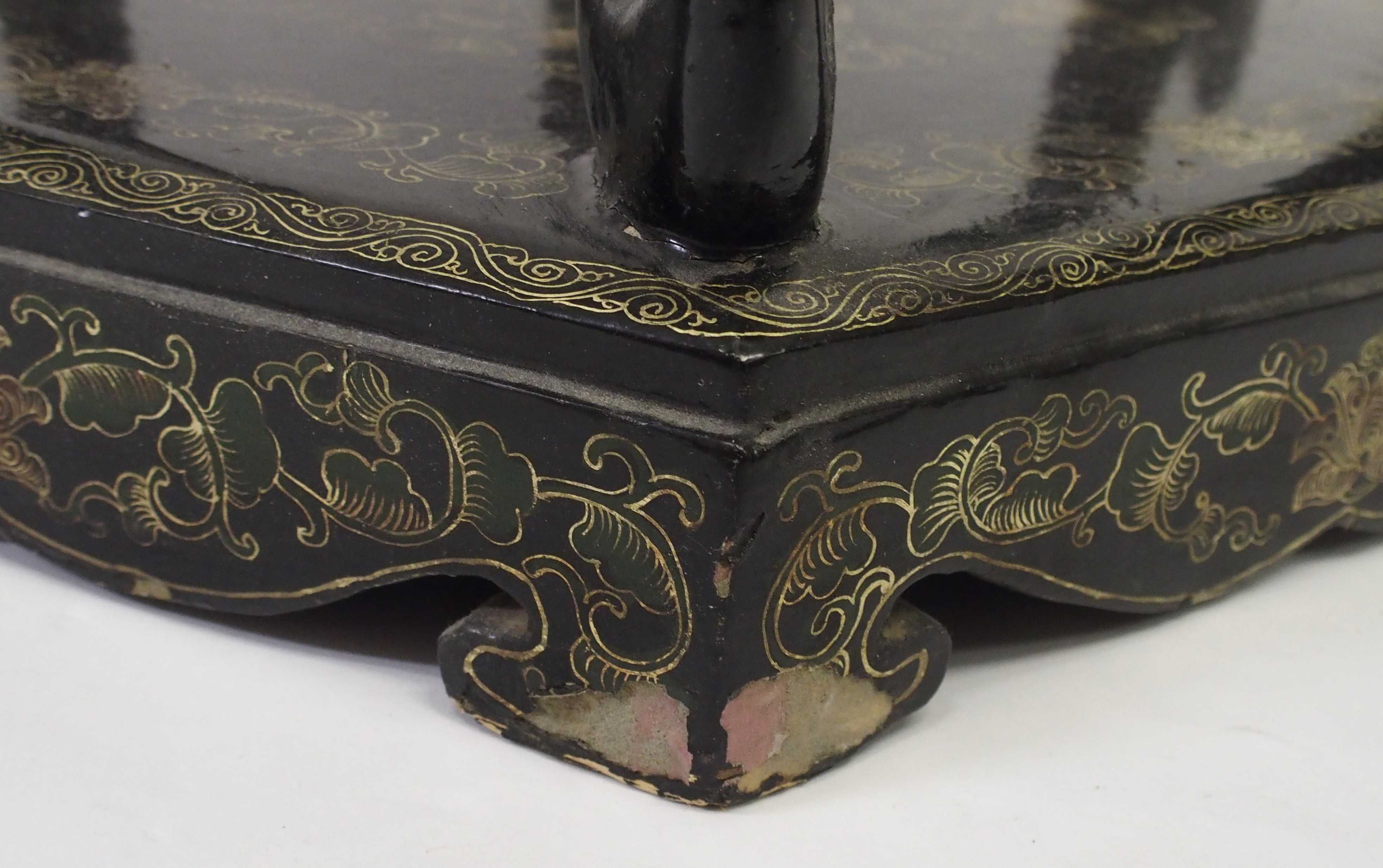 A Chinese black and gold hexagonal pedestal painted with a landscape above scrolling foliage on - Bild 9 aus 10