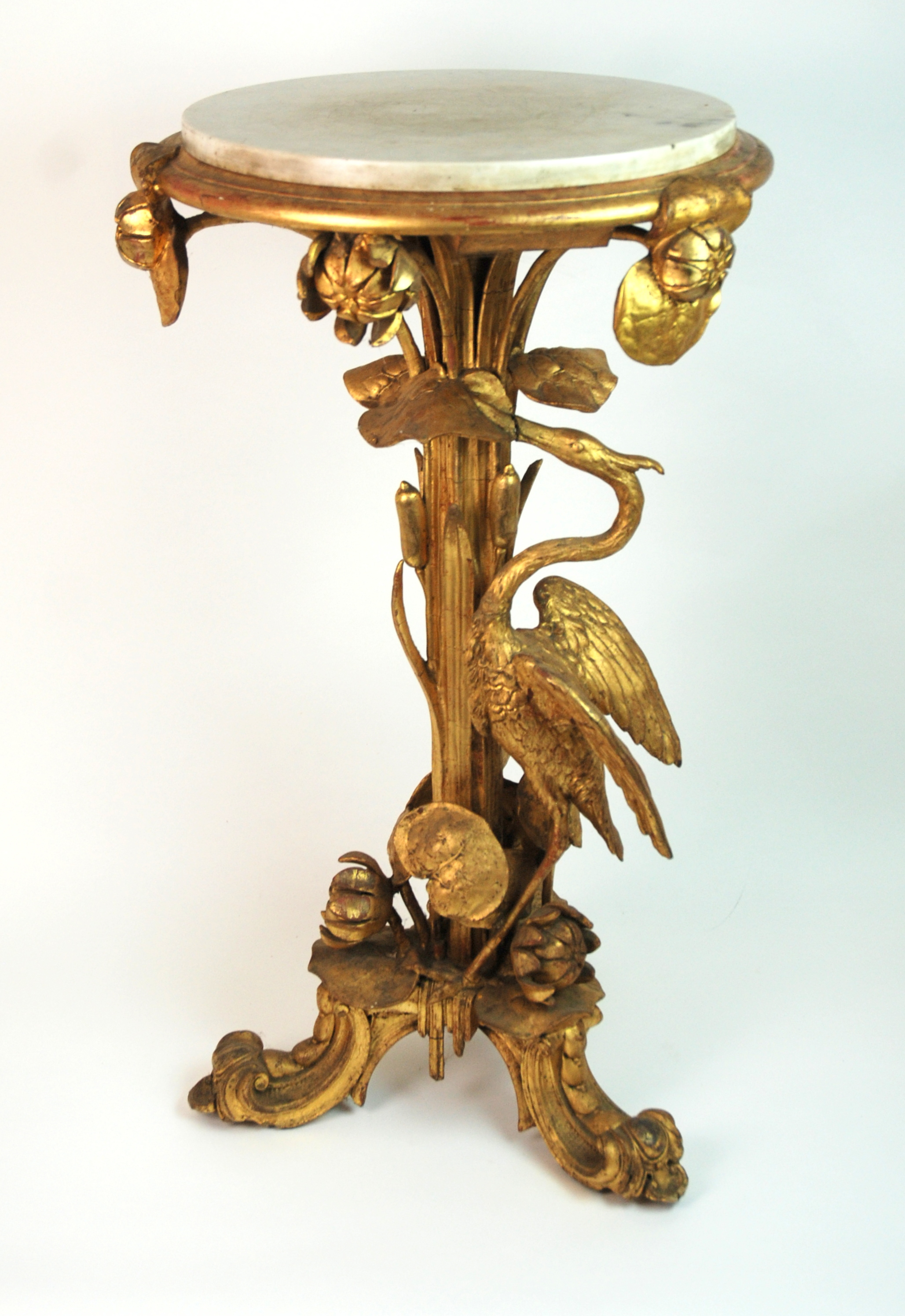 A Victorian gilt wood and gesso plant stand carved with a heron amongst bullrushes and lily pads, on - Image 10 of 10