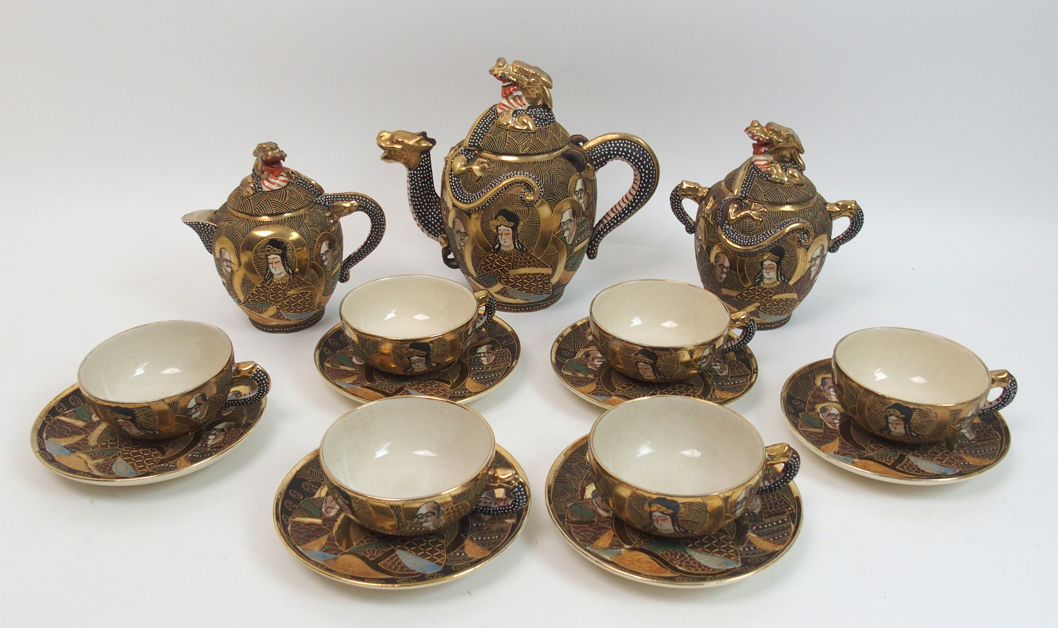 A Satsuma cased teaset painted with Kannon and Rakan, comprising; teapot, sugar bowl, cream jug, six - Bild 4 aus 14
