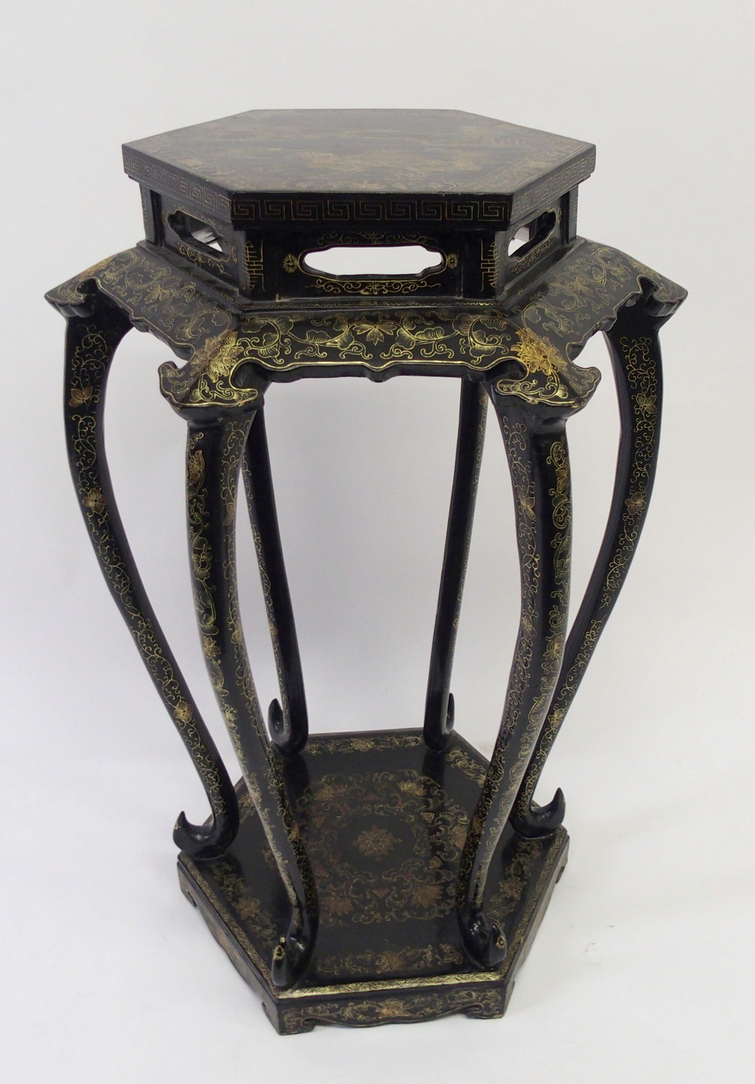 A Chinese black and gold hexagonal pedestal painted with a landscape above scrolling foliage on - Bild 2 aus 10