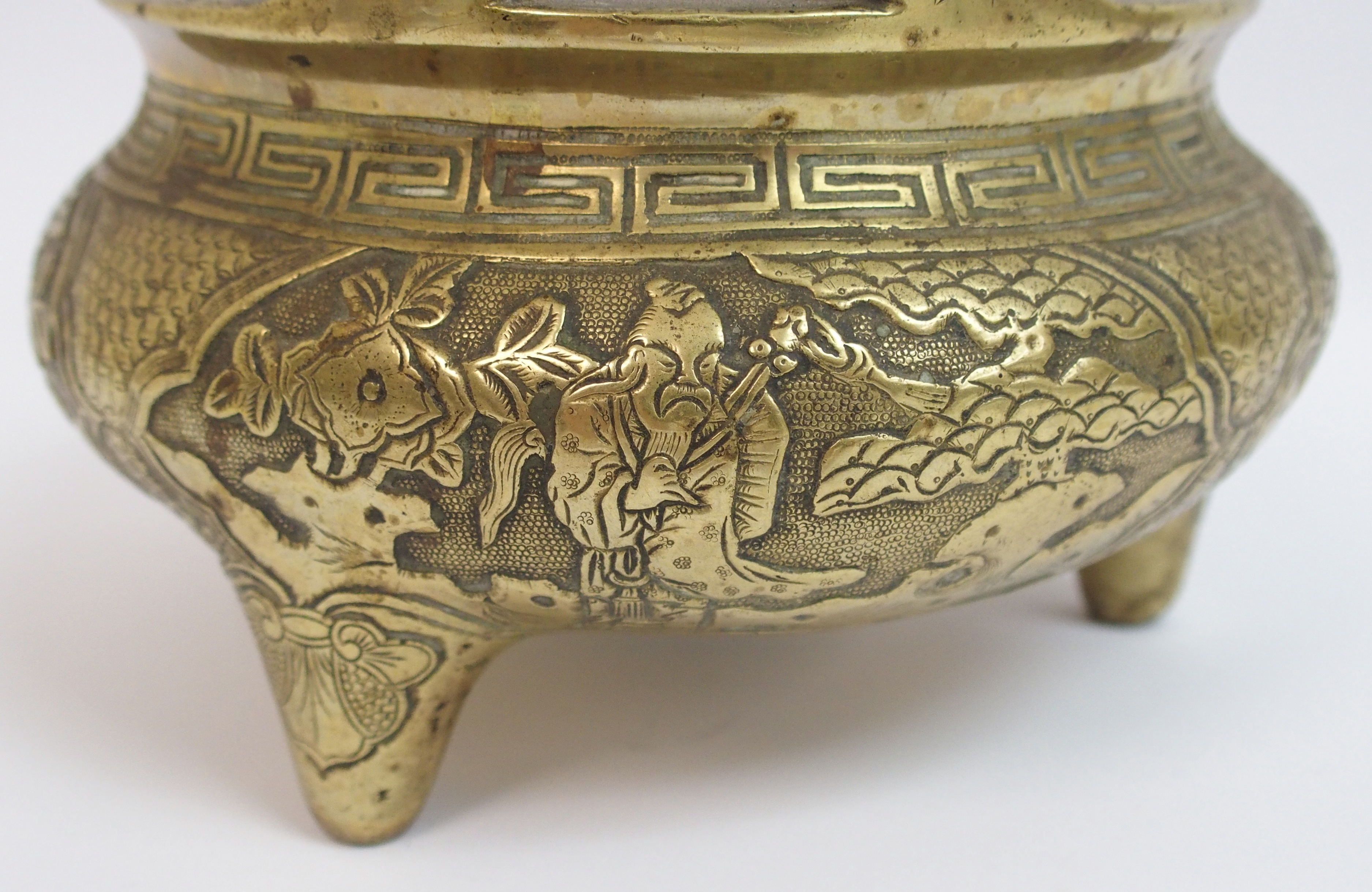 A Chinese brass censor cast with panels of figures amongst trees and plants divided by diaper, - Image 4 of 10