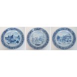 Three 18th Century Dutch Delft plaques blue and white scene of a building titled "Zee-Visch-Marckten