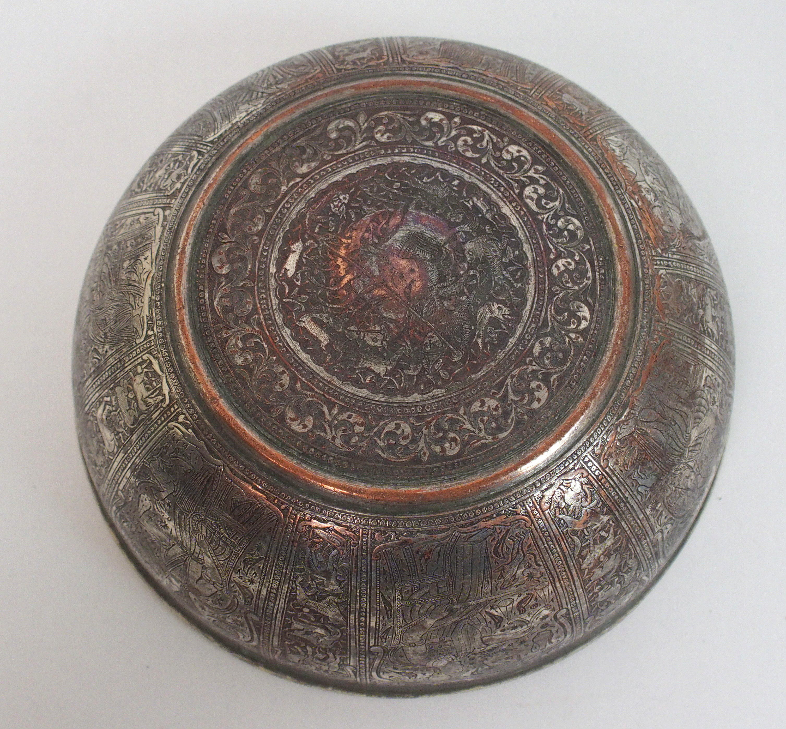 A Bidri ware brass bowl decorated with panels of noble figures divided by animals, calligraphy and - Image 8 of 10