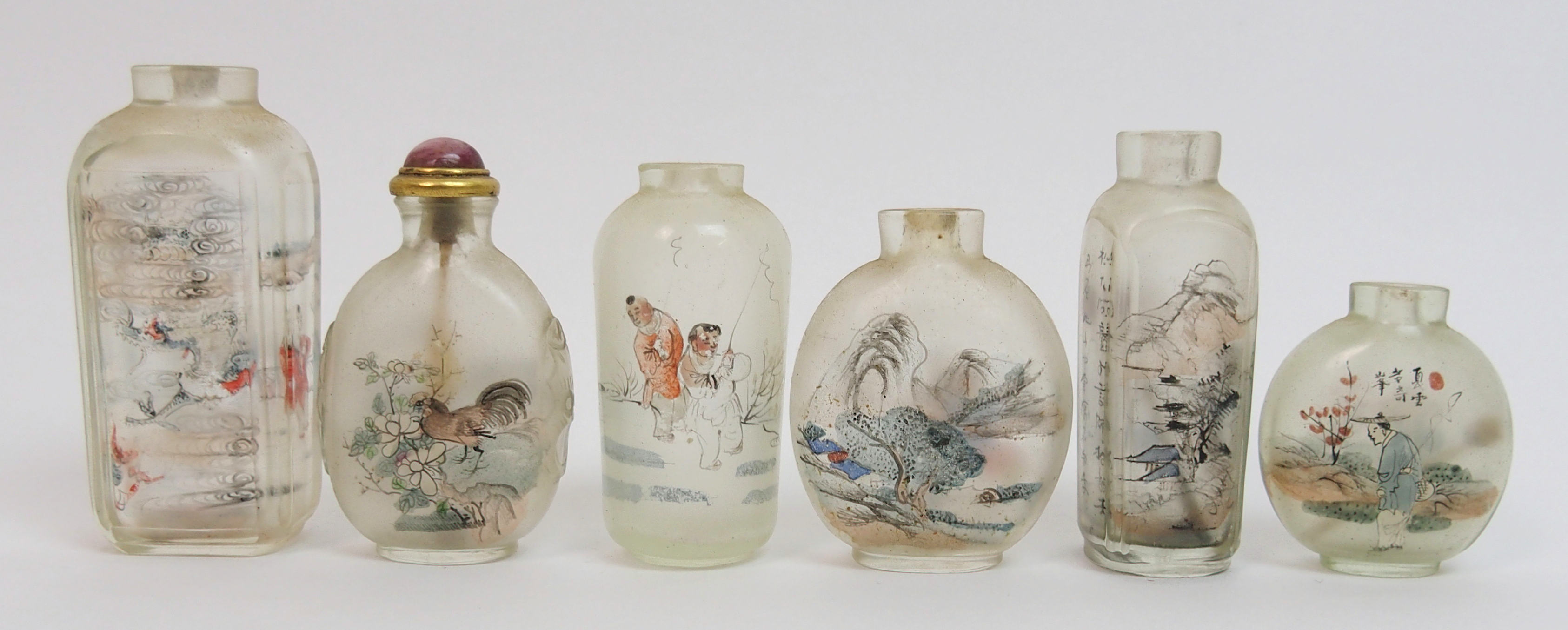 Six Chinese inside painted glass snuff bottles mostly with figures and landscapes, three oval, 5