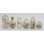 Six Chinese inside painted glass snuff bottles mostly with figures and landscapes, three oval, 5