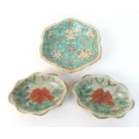 A Cantonese foliate shaped dish painted with foliage, 10cm diameter and a pair of lily pad shaped