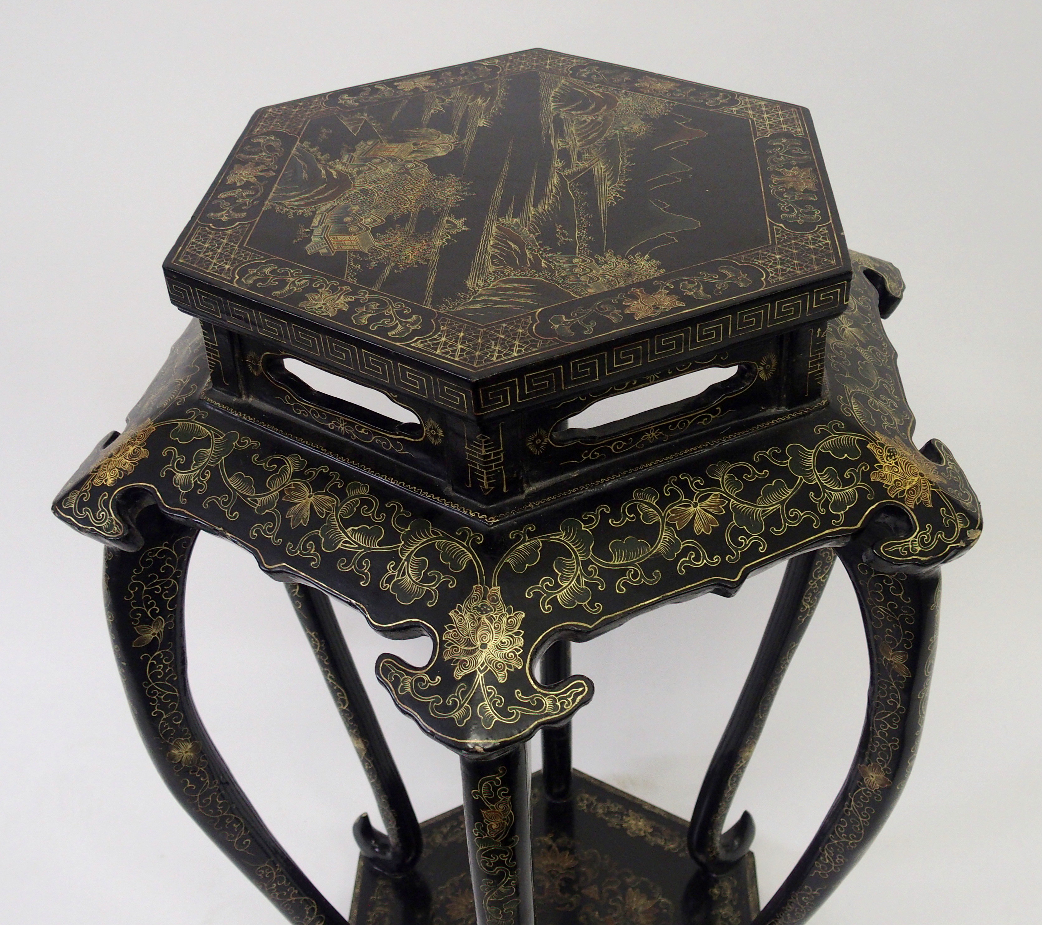 A Chinese black and gold hexagonal pedestal painted with a landscape above scrolling foliage on - Bild 10 aus 10