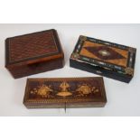 A walnut and rosewood mother of pearl inlaid card case 27 x 15cm, another inlaid box, 30cm wide