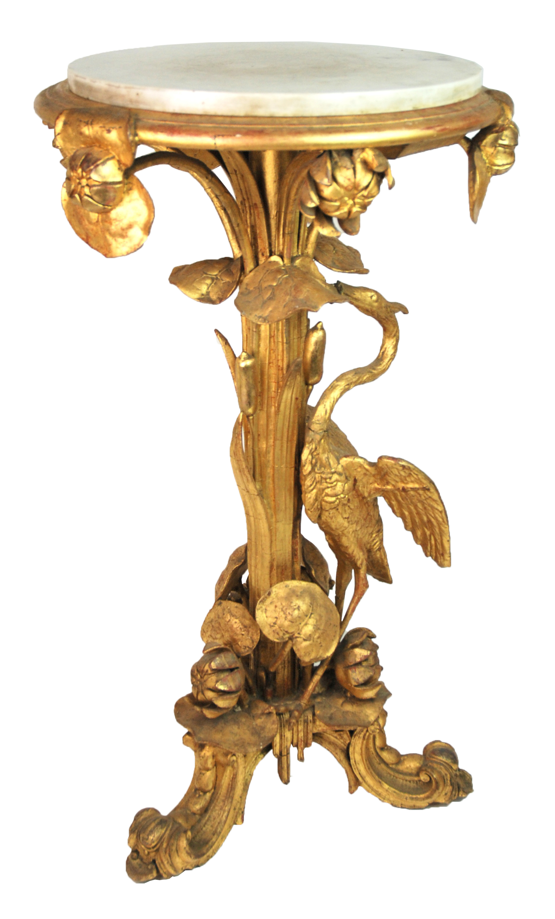 A Victorian gilt wood and gesso plant stand carved with a heron amongst bullrushes and lily pads, on