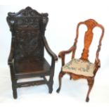 A Dutch marquetry armchair with shaped top rail and shaped seat, cabriole legs on claw and ball