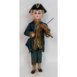 A Continental bisque-headed automaton violin playing doll with blue eyes and painted features, the