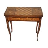 A Dutch marquetry rosewood card table the top inlaid with checker board flanked by playing cards