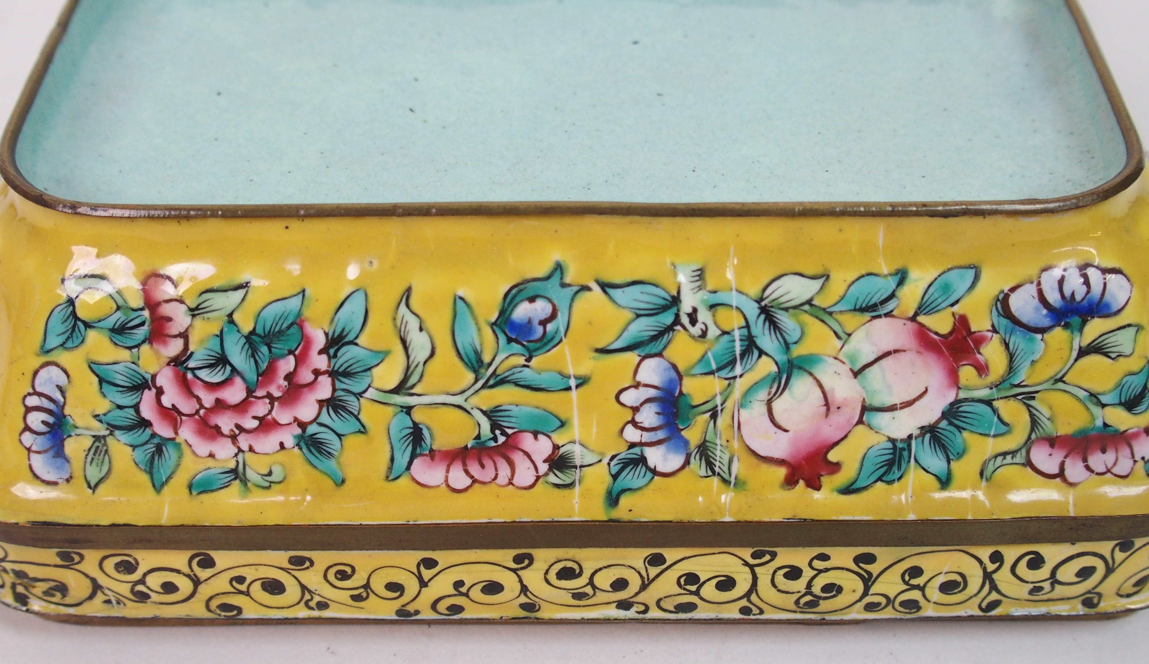 A Canton yellow ground rectangular box and cover painted with figures within foliage, 15cm wide, - Image 6 of 10