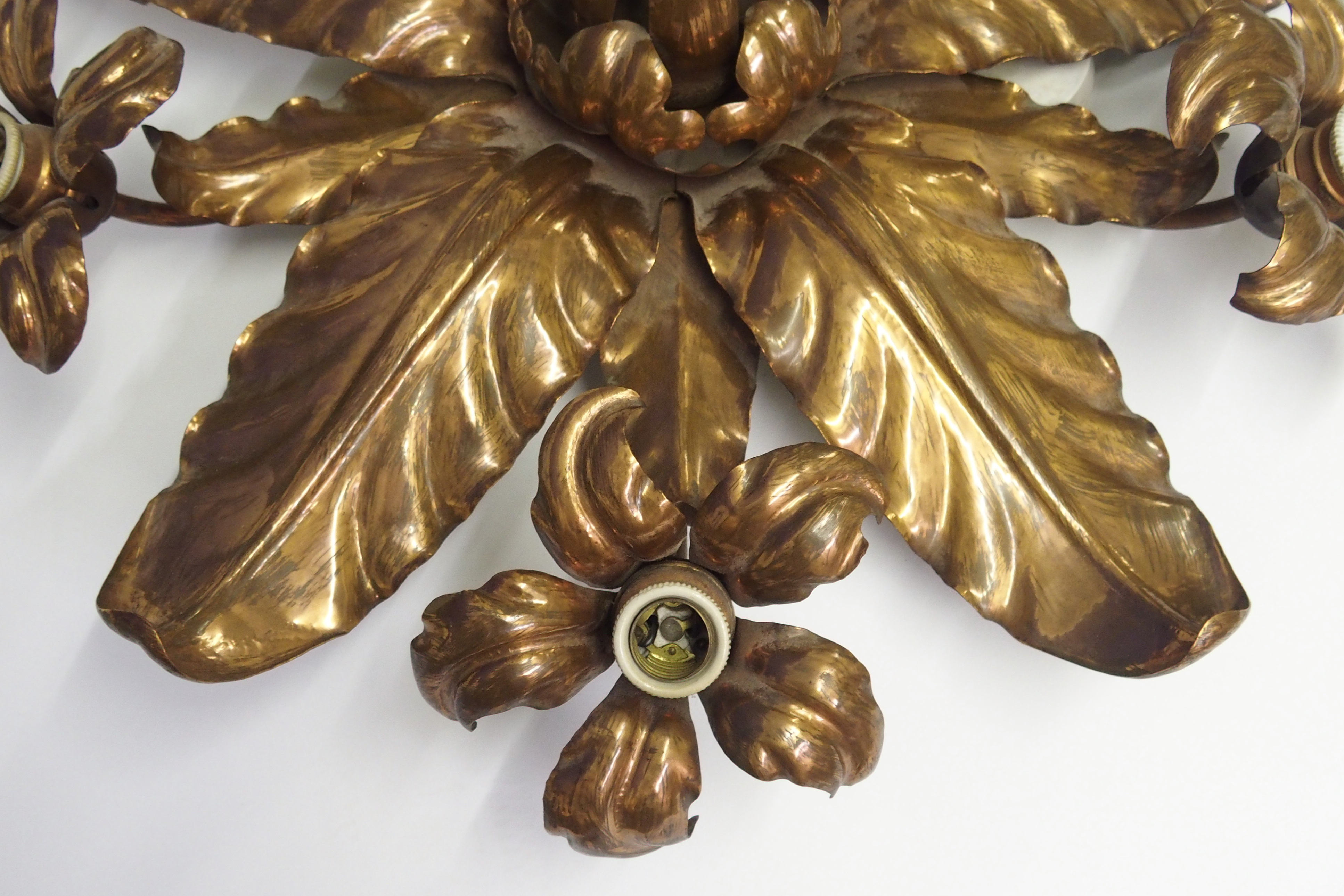 An Arts and Crafts copper ceiling light the electric ceiling light of radiating leaf form with - Image 2 of 8