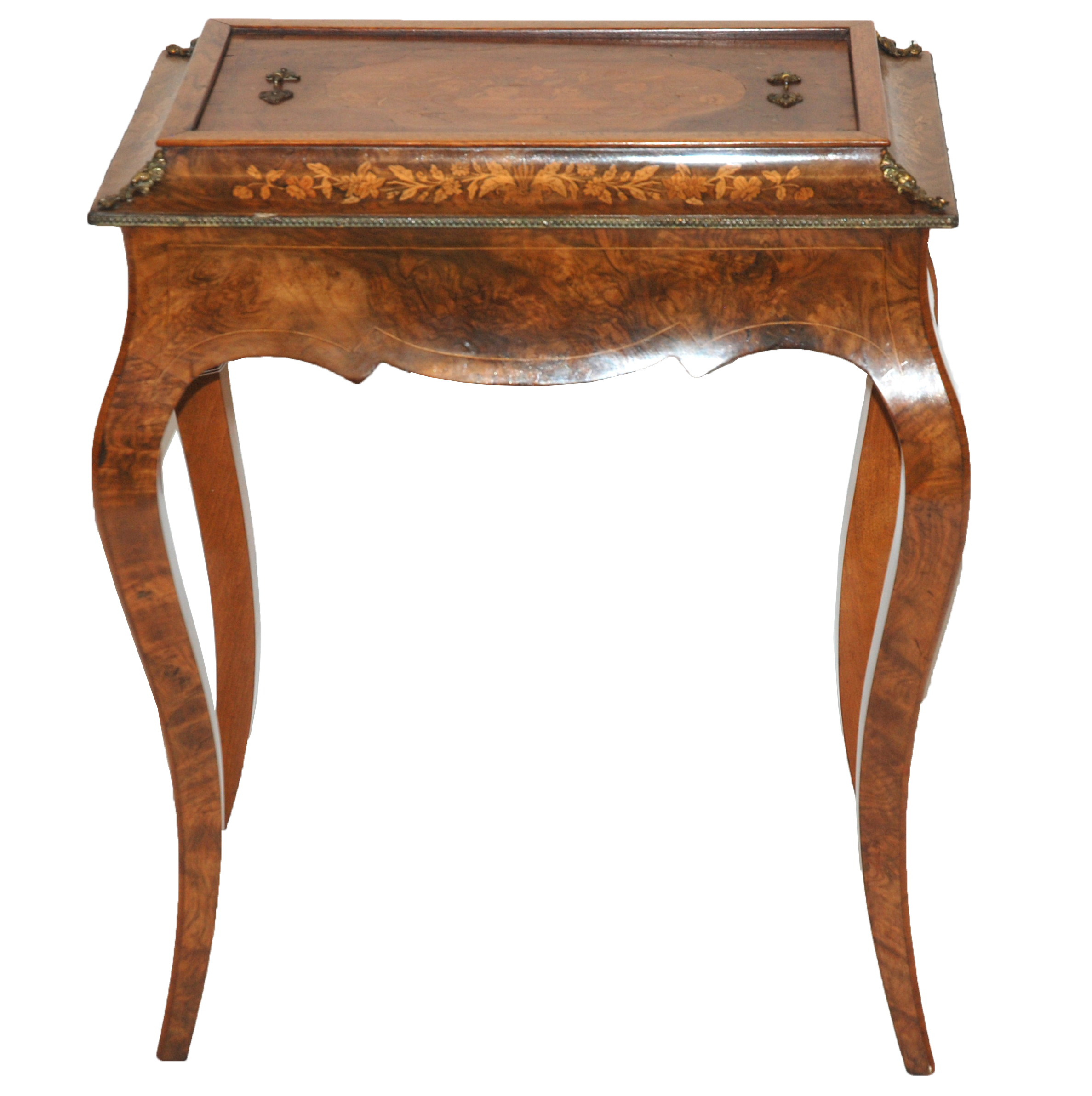 A Victorian walnut planter the cover inlaid with a vase of flowers and surrounded by flowers