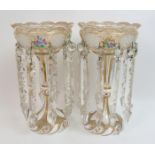 A pair of Bohemian glass lustres the white cased clear glass with alternate painted flower and