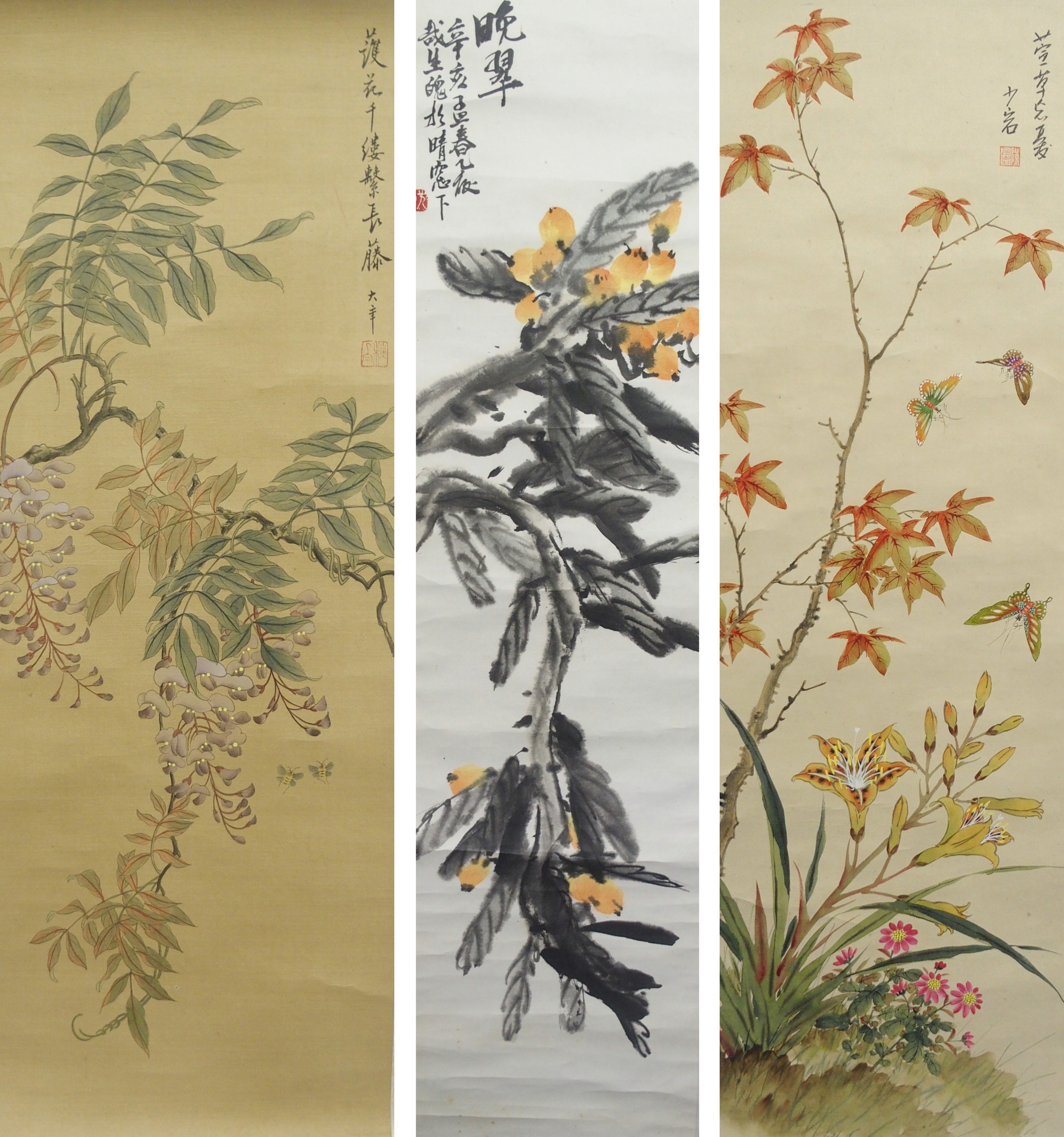 Three Chinese scroll paintings decorated with butterflies and foliage, 91 x 30cm, another with