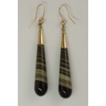 A pair of banded agate earrings of long drop shape with yellow metal ear wires, length 68mm