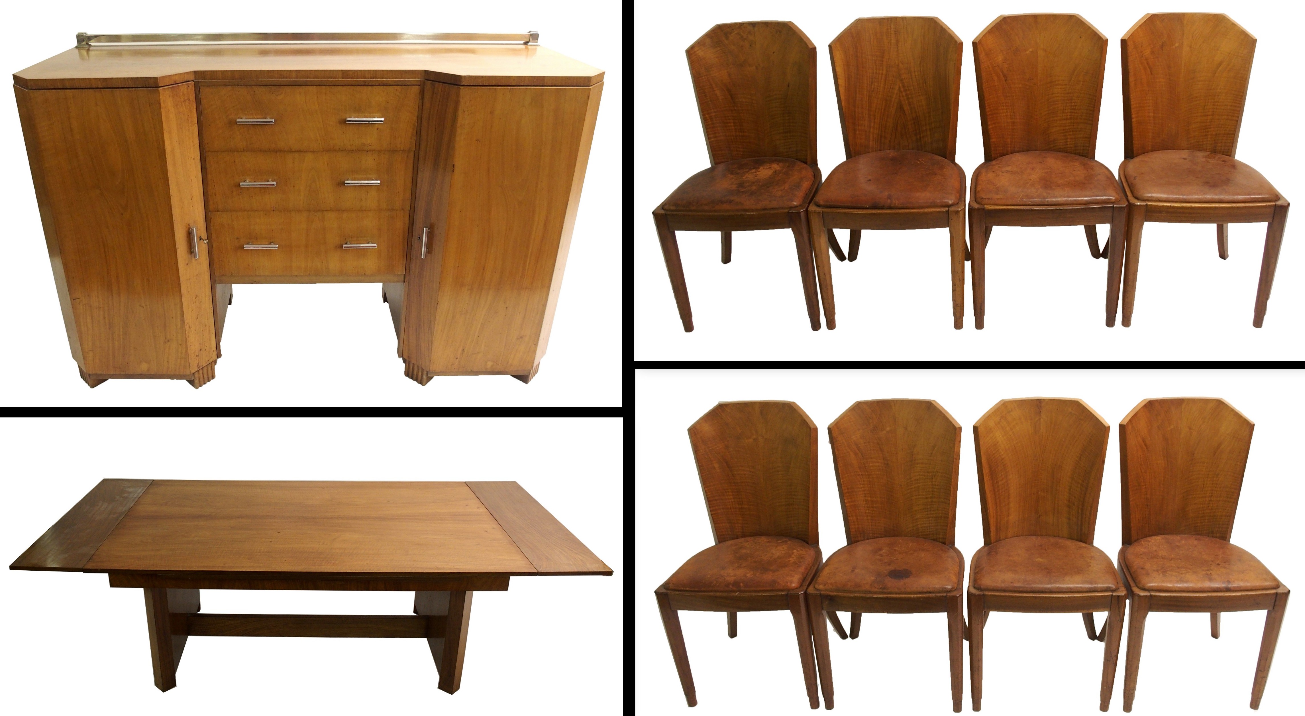 An Art Deco walnut dining suite comprising; extending dining table, 77 x 243 x 114cm, eight walnut