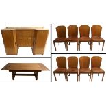 An Art Deco walnut dining suite comprising; extending dining table, 77 x 243 x 114cm, eight walnut