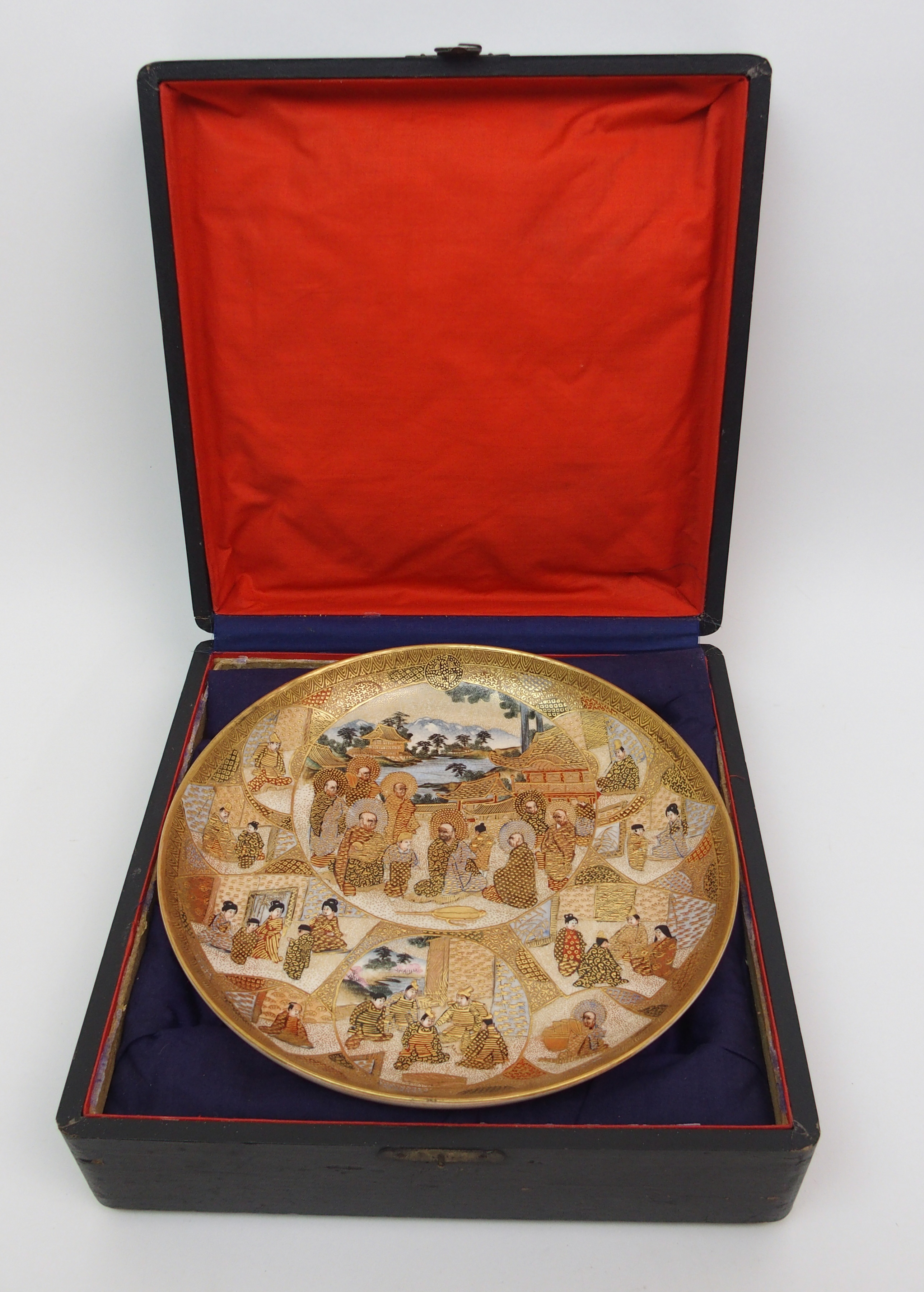 A Satsuma dish painted with Sennin and panels of figures within vignettes and amongst gilt diaper - Image 5 of 10