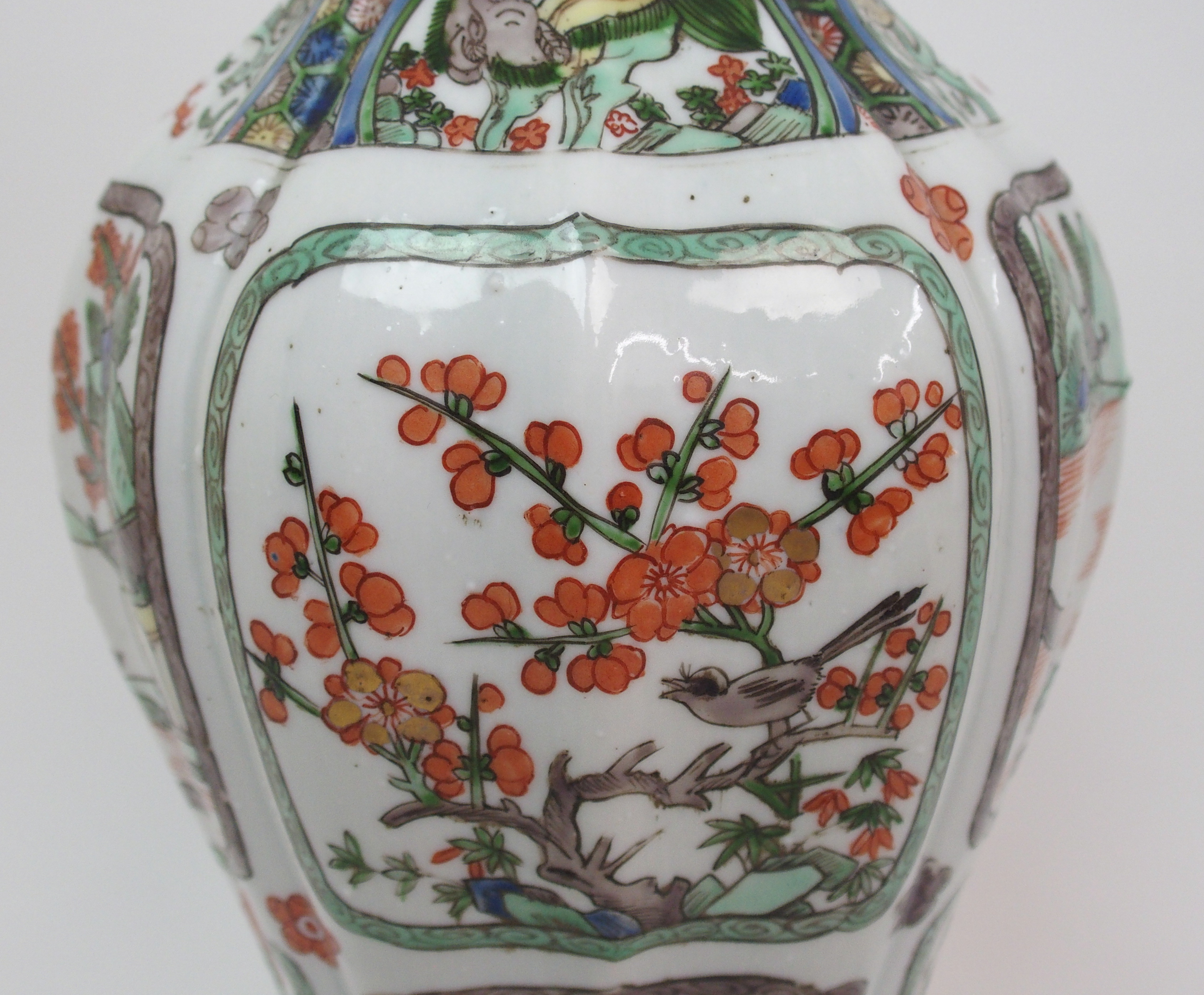 A Chinese famille verte lobed octagonal vase painted with animals, birds and foliage, 29cm high, - Image 4 of 10