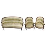 A 19th Century mahogany framed three piece suite with silk striped upholstery comprising, three seat