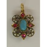 A turquoise and pearl set Fleur de Lys design pendant further set with pink gems to the yellow metal