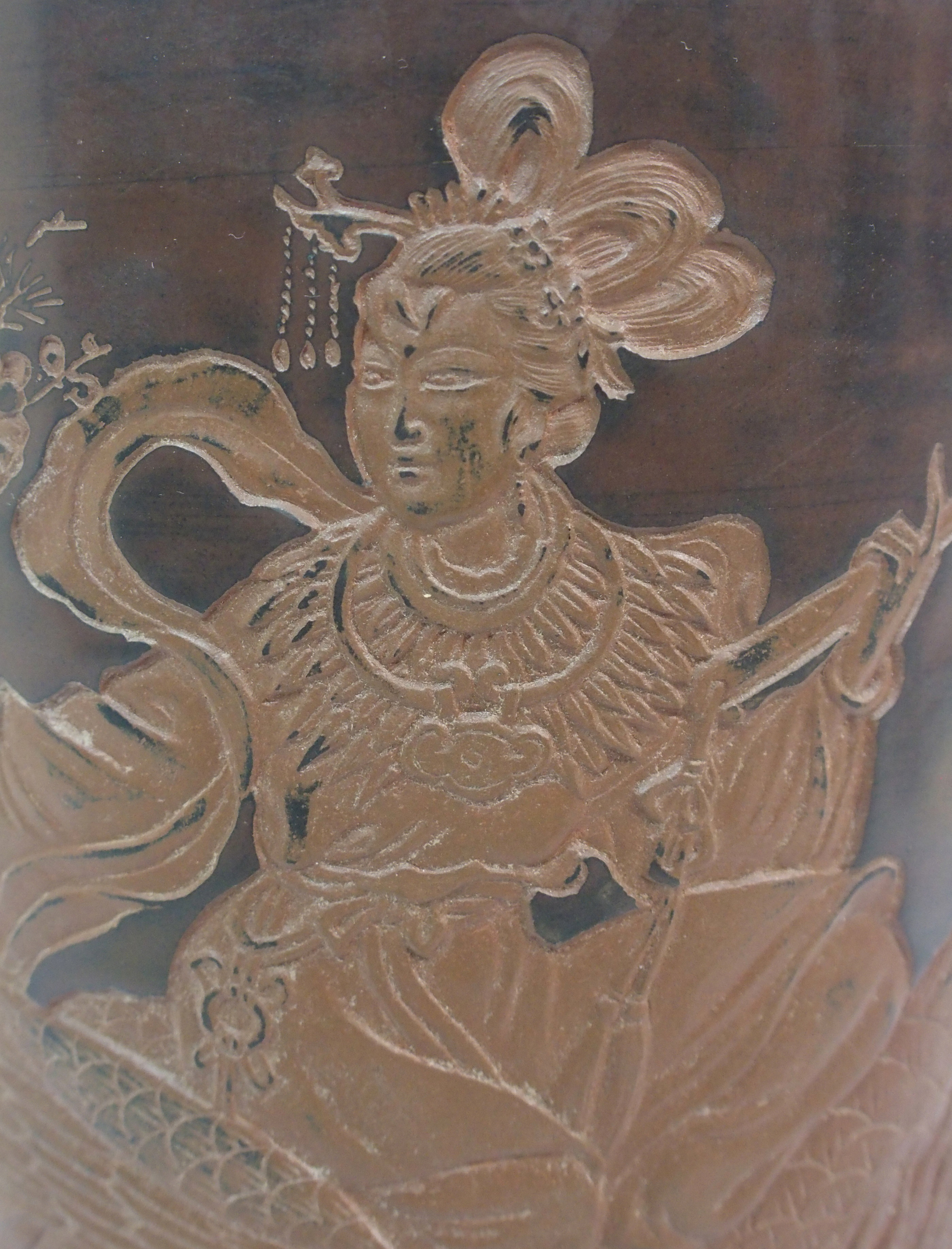 A Yixing cylindrical vase carved with a Goddess riding on a phoenix, above an attendant offering - Image 2 of 10