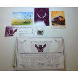 A collection of Flying Scotsman memorabilia including Certificate, lapel badge, post postcards and