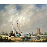 •GUDRUN SIBBONS (Dutch b. 1925) FISHERFOLK IN A DUTCH RIVER ESTUARY Oil on canvas, signed, 41 x 51cm