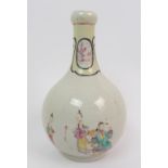 A Chinese bottle shaped vase painted with figures, animals and vases below vignettes (neck reduced),