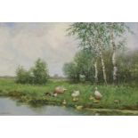 •CONSTANT ARTZ (Dutch 1870 - 1951) DUCKS AND DUCKLINGS BY THE WATERSIDE Watercolour, signed, 36 x