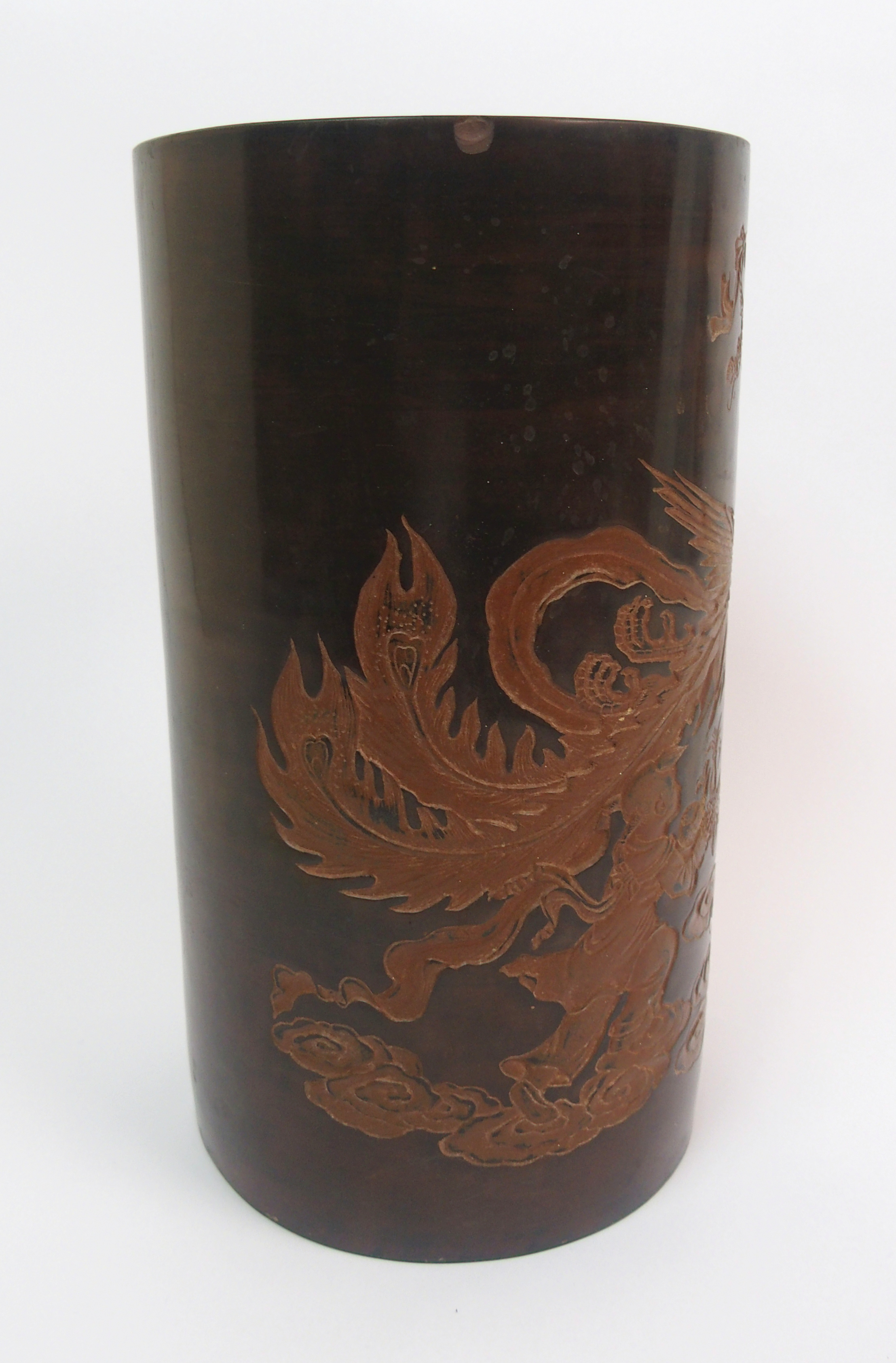 A Yixing cylindrical vase carved with a Goddess riding on a phoenix, above an attendant offering - Image 7 of 10