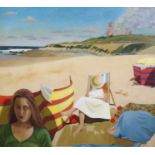 •LESLEY BANKS (Scottish b. 1962) FISTRAL BEACH! HIDING Oil on canvas, signed and dated (19)93, 76