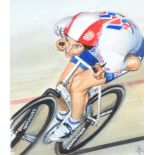 Jim Taylor (Scottish 20th Century) Portrait of Graeme Obree in his cycling pose signed and dated
