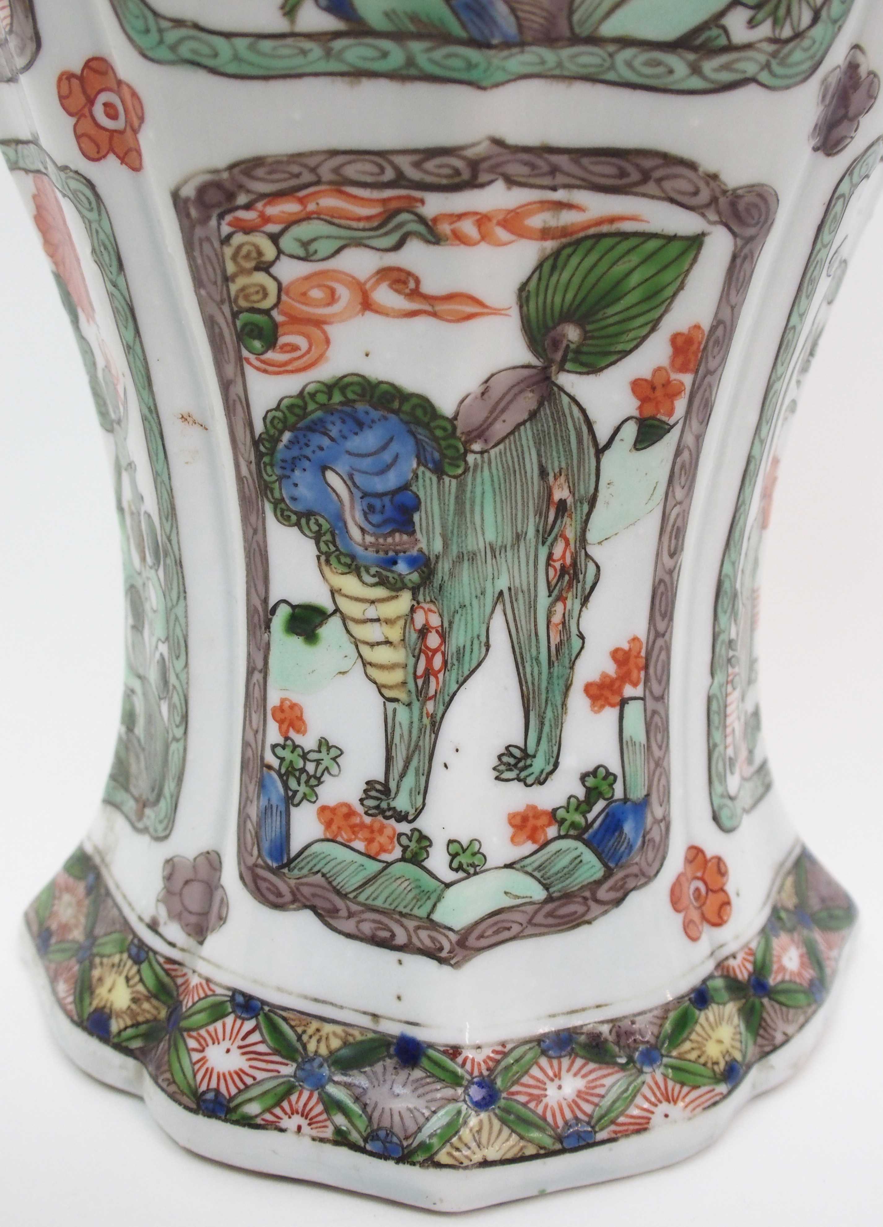 A Chinese famille verte lobed octagonal vase painted with animals, birds and foliage, 29cm high, - Image 5 of 10