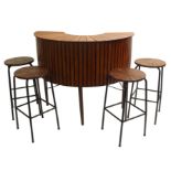 A mid-20th Century teak and black steel drinks cabinet/bar 102cm x 123cm x 67cm and four bar stools,