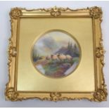 A framed Royal Worcester plaque by Harry Davis hand painted with sheep in a mountainous landscape,