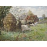 JOSEPH DENOVAN ADAM (Scottish 1879 - 1931) COWS BY A FARMSTEAD IN SPRING Oil on canvas, signed and