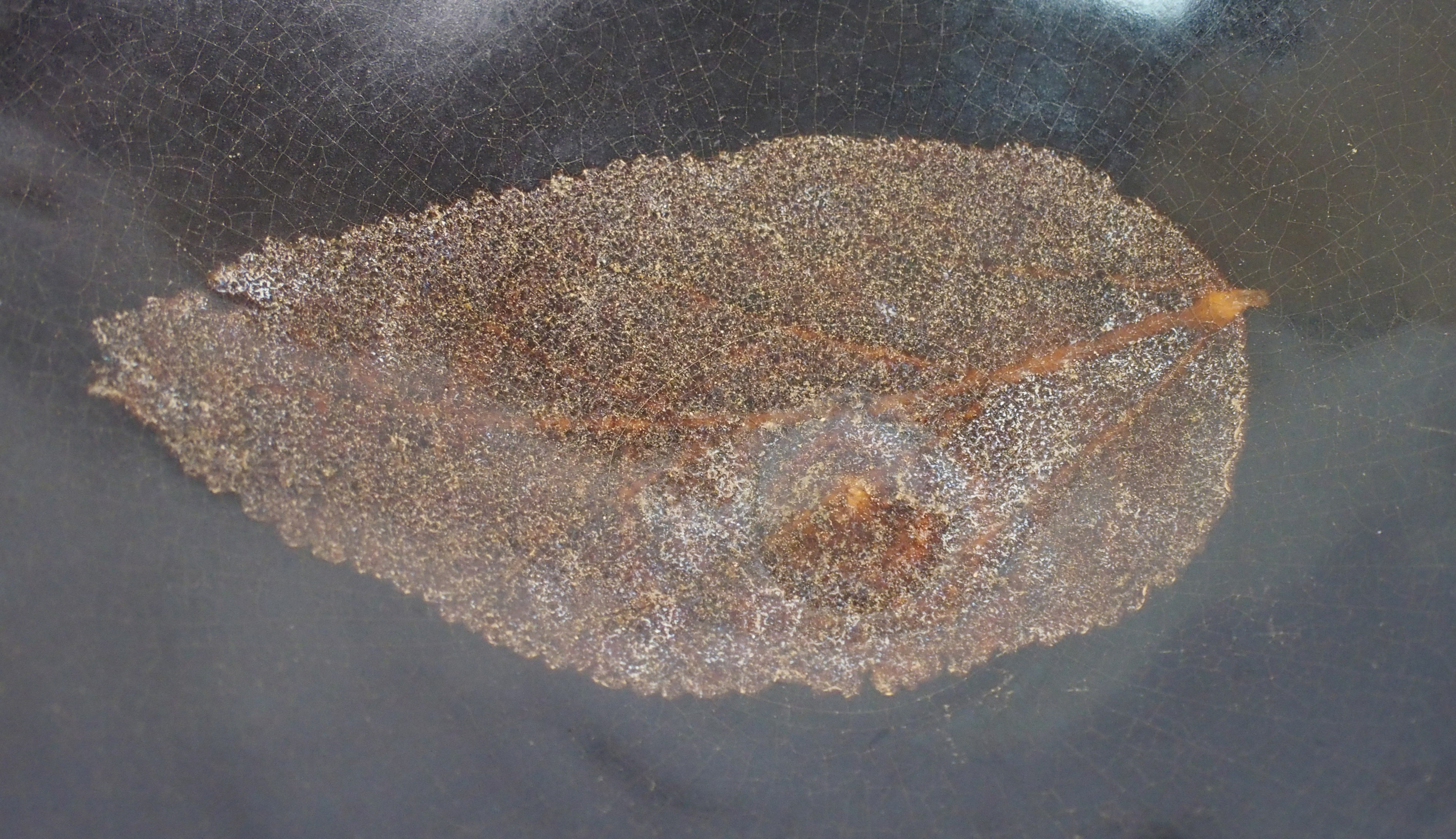 A Chinese black glazed bowl with single leaf decoration, 15.5cm diameter - Image 3 of 10