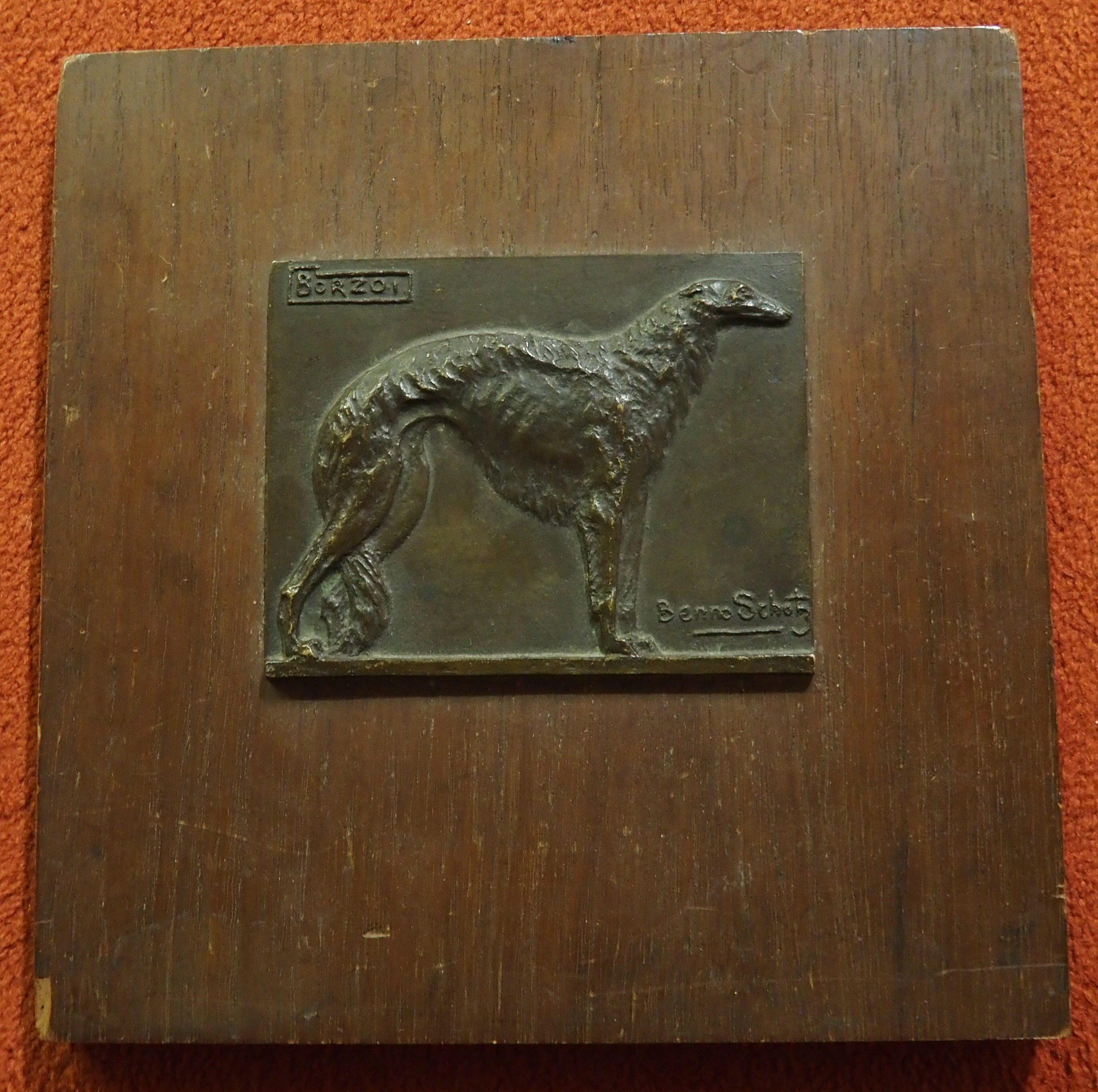 •BENNO SCHOTZ RSA, LLD Hon, FRIAS (Estonian/Scottish 1891 - 1984) BORZOI Bronze relief plaque, - Image 5 of 6