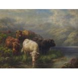 C E WATSON (Scottish 19th/20th century) HIGHLAND CALVES BY LOCH RESTIL Oil on canvas, signed and
