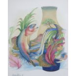 Phillip Gibson - A original watercolour design for the Moorcroft Trout pattern vase signed and dated