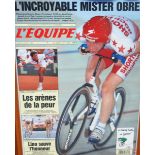 A chromolithograph L'Equipe front cover presented to Graeme Obree to commemorate the One Hour Record