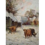 TOMSON LAING (Scottish Fl. 1890 - 1904) HIGHLAND CATTLE IN THE SNOW Oil on canvas, signed, 61 x 46cm