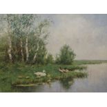 •CONSTANT ARTZ (Dutch 1870 - 1951) DUCKS AND DUCKLINGS BY THE WATERSIDE Watercolour, signed, 40 x
