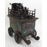 A Japanese bronze and cloisonne carriage with Daikoku and servants seated on top within a rail and