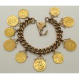 A 9ct gold curb chain bracelet hung with five full gold sovereigns and five gold half sovereigns