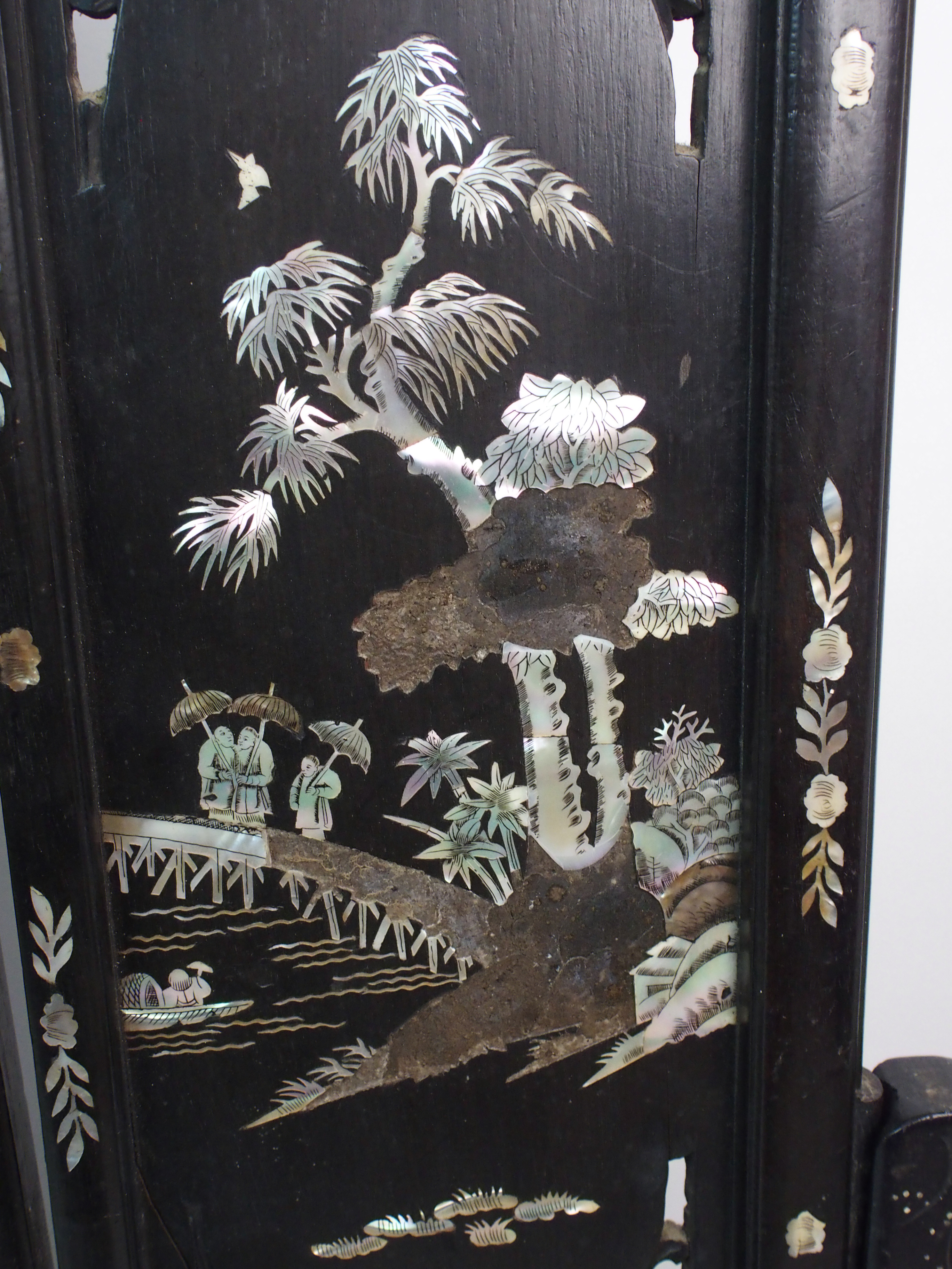 A Chinese hardwood and shell inlaid table screen decorated with figures, pagodas, birds and foliage, - Image 5 of 10